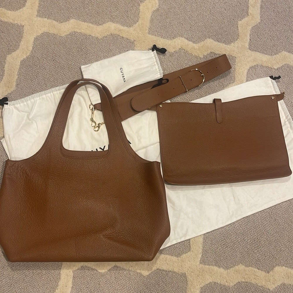 Cuyana System Tote 16” Caramel & Accessories
